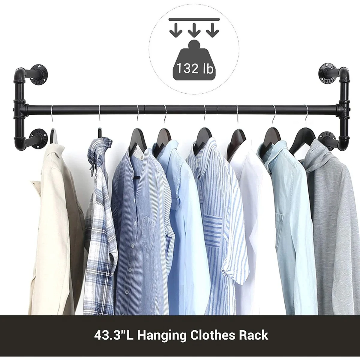 SONGMICS Wall-Mounted Clothes Rack, Set of 2, Industrial Pipe Clothes Hanging Bar, Space-Saving,for Small Space