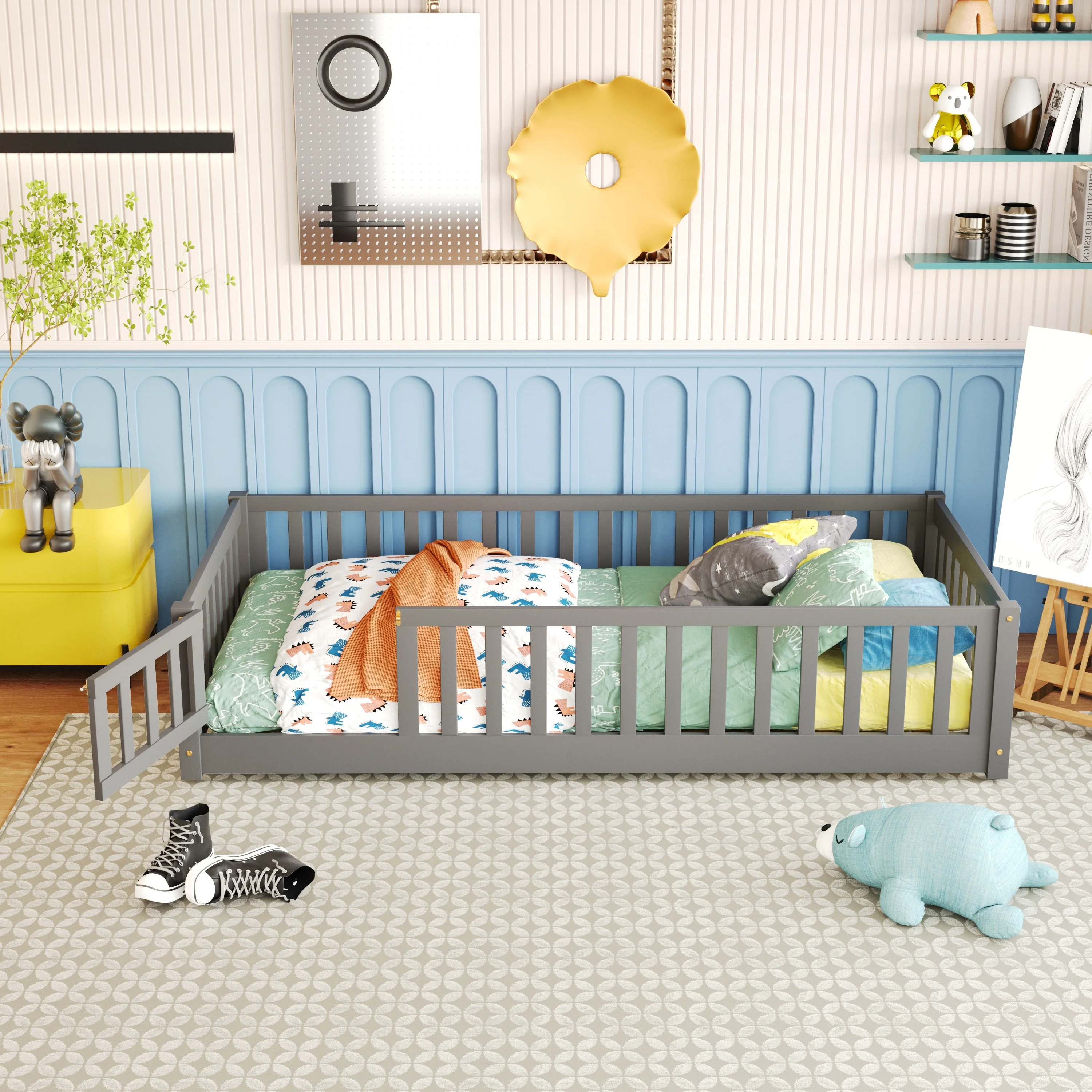 Twin size Floor Platform Bed with Fence and Door for kids, toddlers