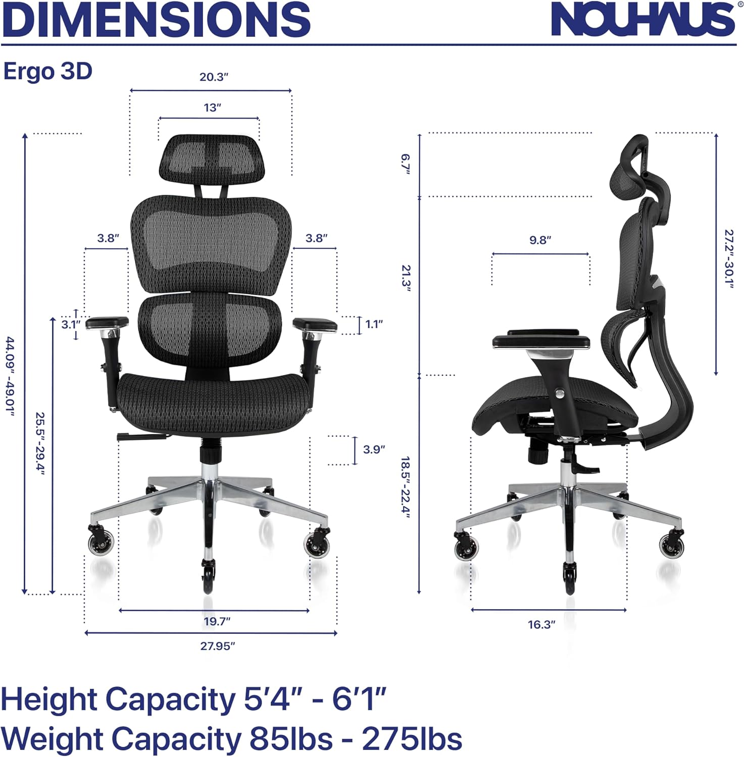 Nouhaus Ergo3D Ergonomic Office Chair Lumbar Support Mesh Office Chair with 4D Adjustable Armrest, Adjustable Headrest and Wheels, Mesh High Back Home Office Desk Chairs(Black)