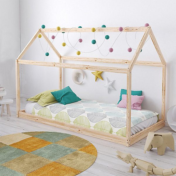 Lit cabane PANDA 90x190   1 sommier   matelas IRIS / Naturel