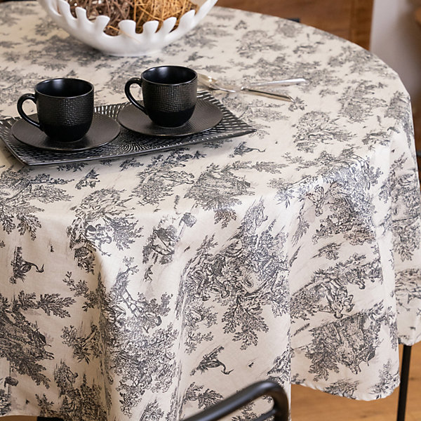 Nappe ronde toile de Jouy plastifiée (150x150 cm - Gris Foncé)