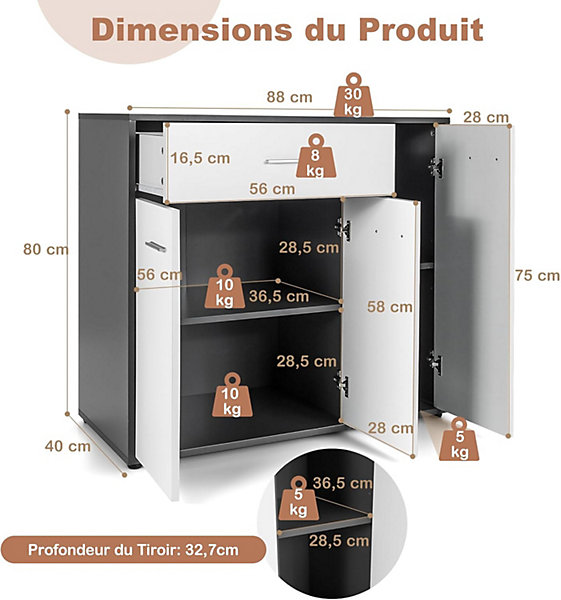 Armoire de Rangement Casier Meuble de Rangement avec 3 Portes et Tiroir pour Salon