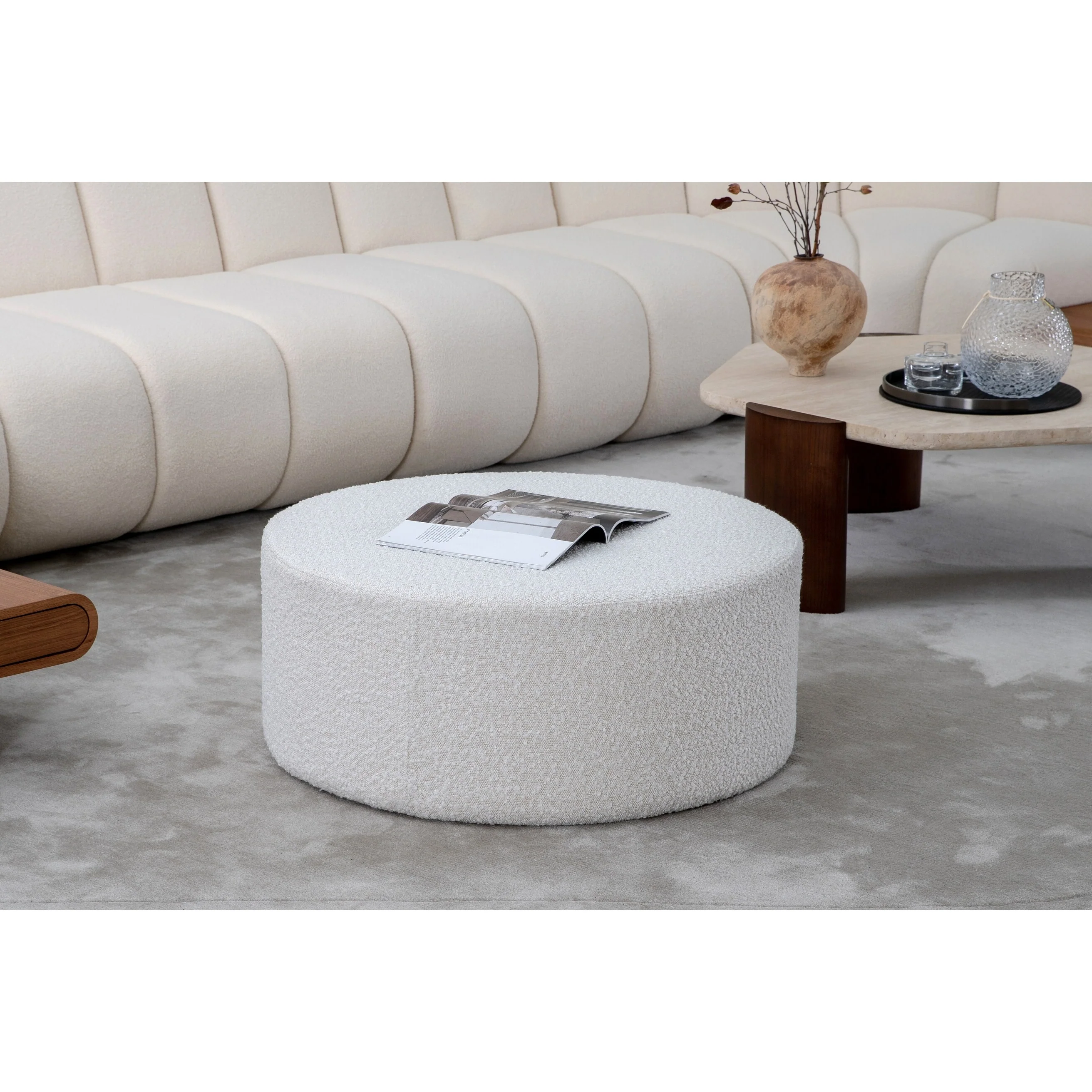 Round Coffee Table, Boucle Upholstered End Table, Functions as Side Table, Ottoman