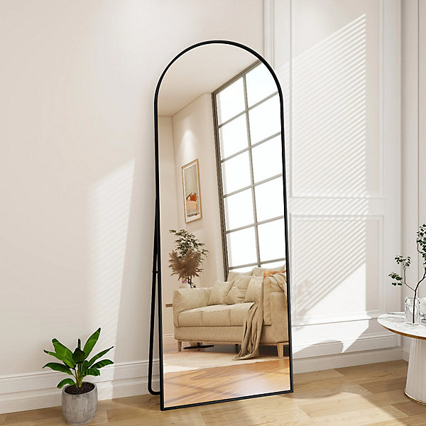 Miroir sur pied arqué, pouvant être posé ou fixé au mur, idéal pour la chambre. noir, 164 x 54 cm