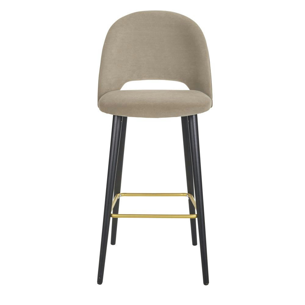 Isys - Chaise de bar en velours beige cappuccino et pieds en bois de frêne noir et métal doré H82