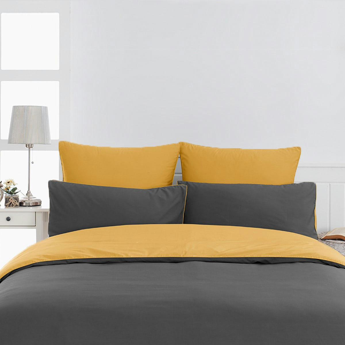 DOZMARY - Housse de couette bicolore en percale Anthracite/Safran 140x200 cm