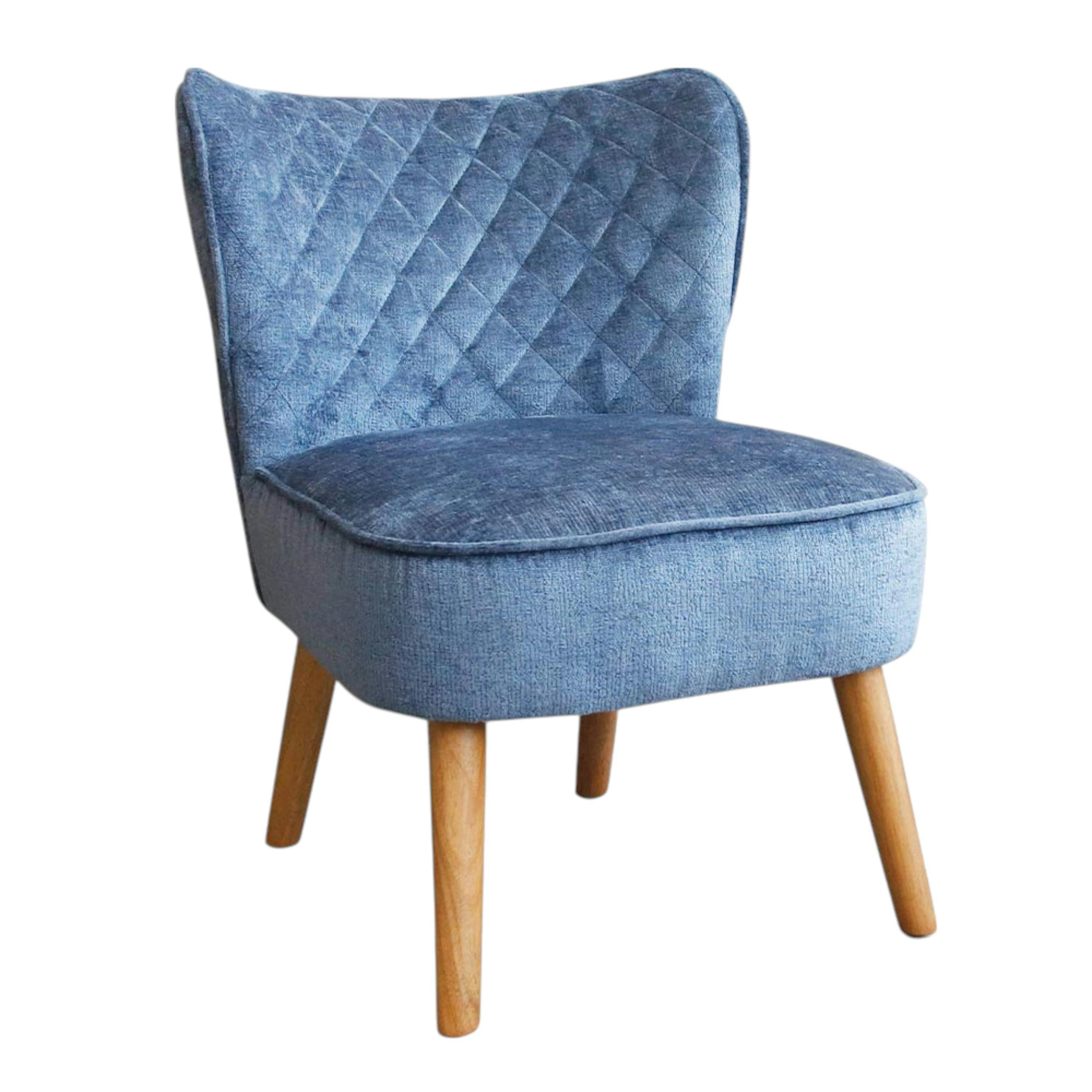 Fauteuil bleu tissu chenille - pieds bois, motif croisé IENA