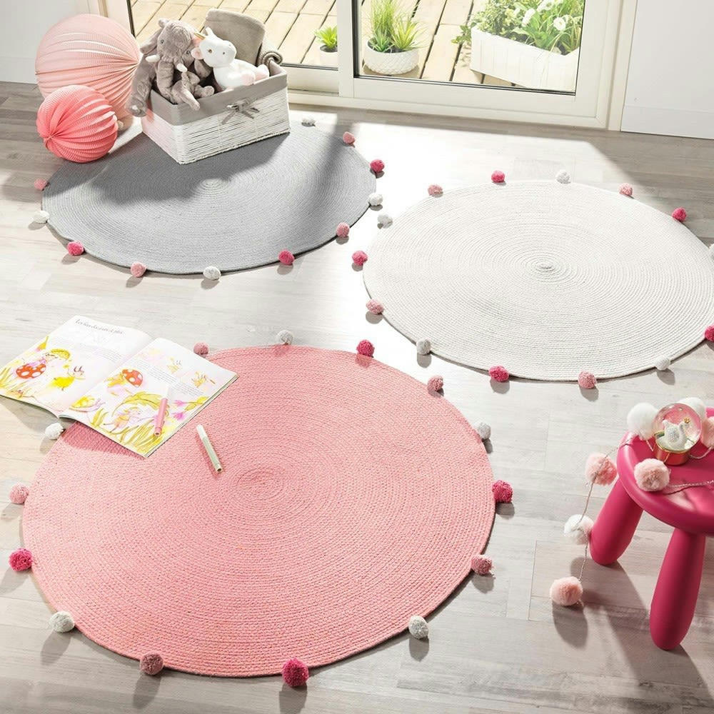 POMPOMPARTY - Tapis rond pompons blanc rose D90cm
