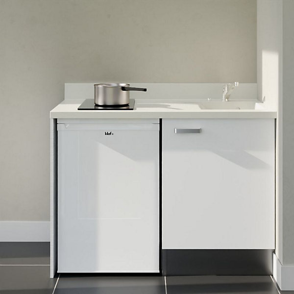 Kitchenette K08 - 120 cm - façades Blanc - Plan monobloc en quartz coloris Snova évier à droite - Electroménager Blanc