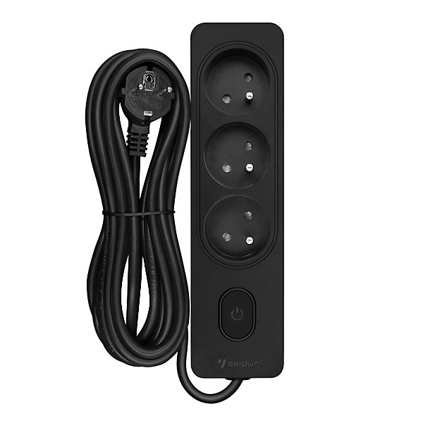 Multiprise SELDUR G3FA22S, 3 prises type E   interrupteur à voyant, Noir, câble 2m