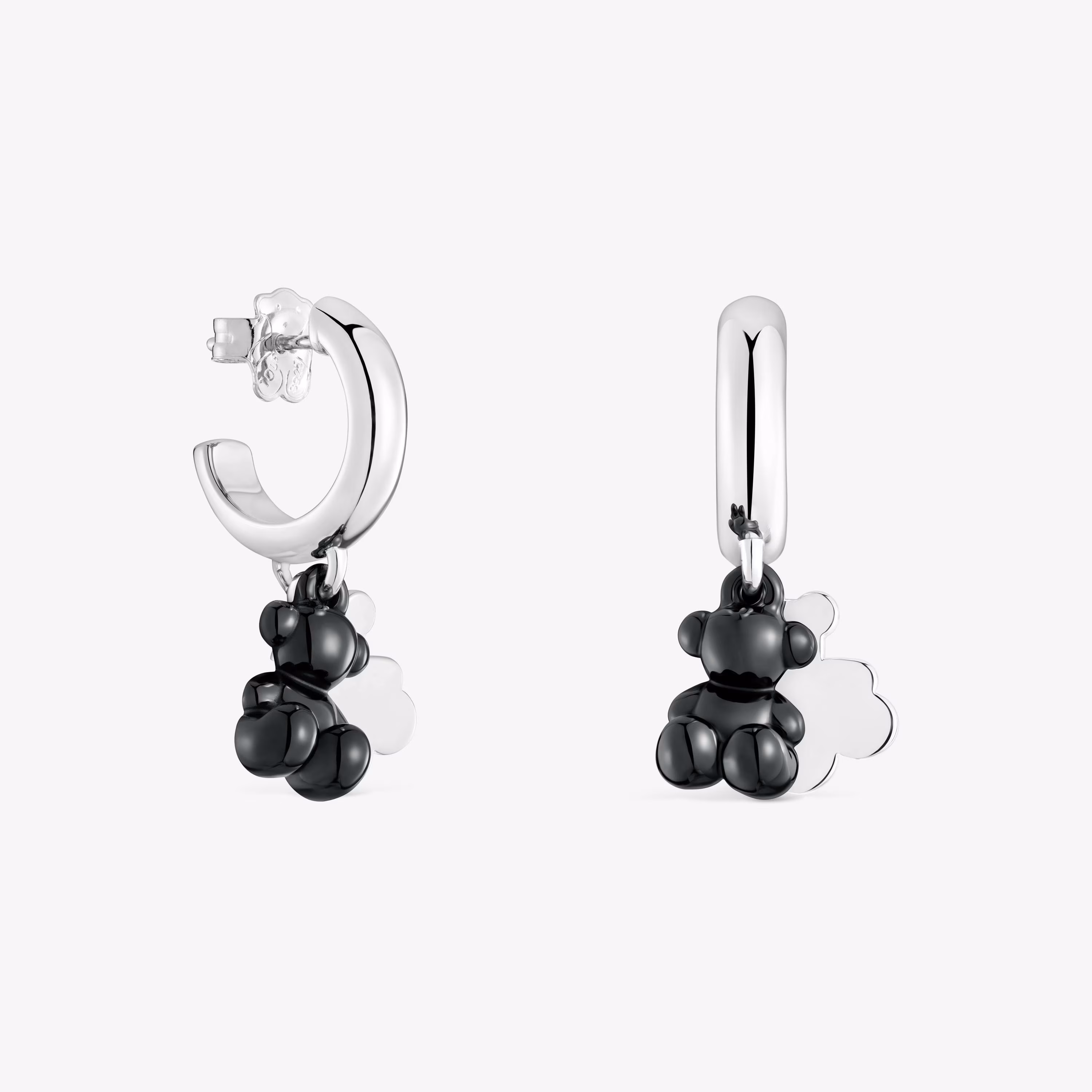 Pendientes aro de plata con cerámica negra y doble oso Bold Bear