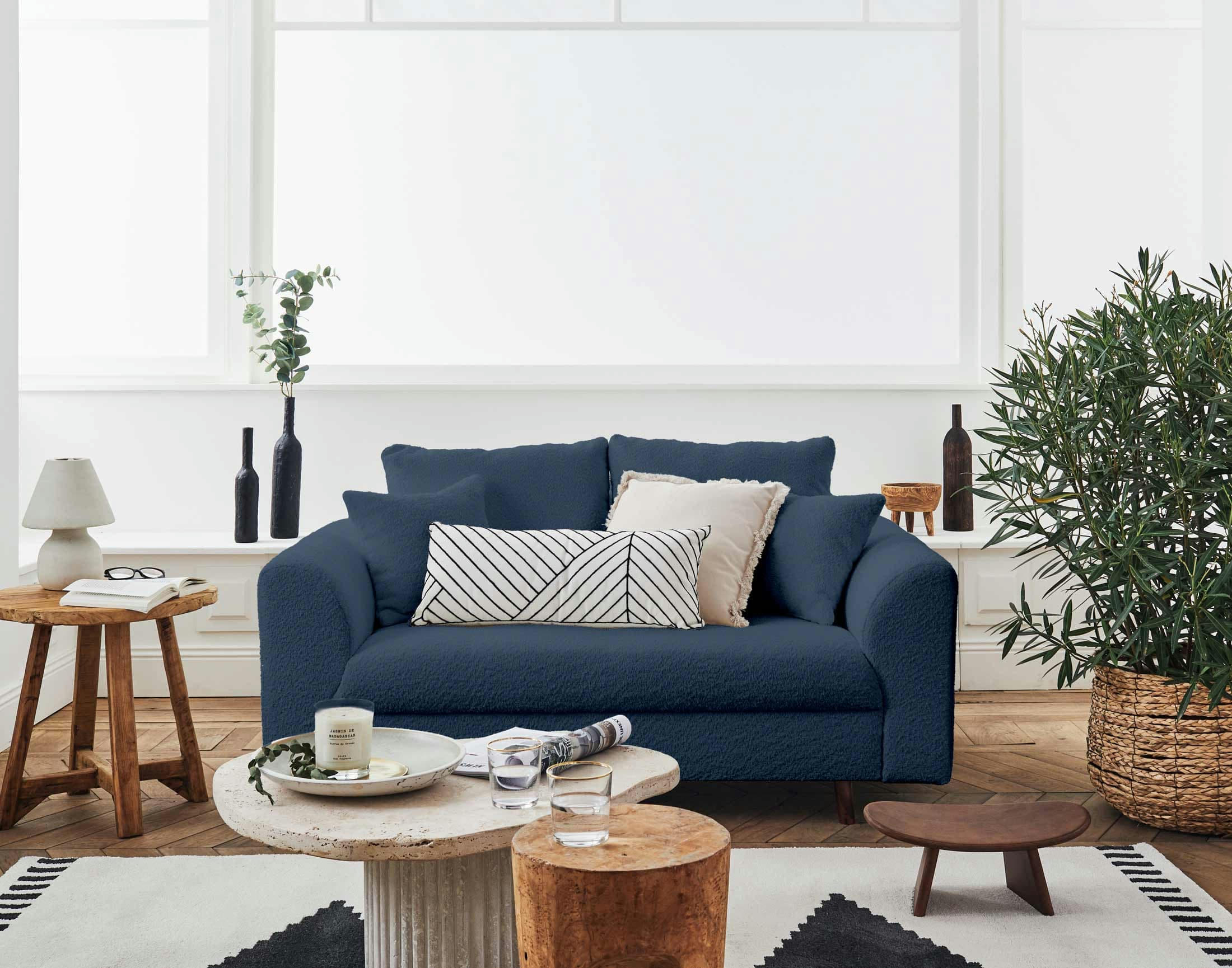 RUNE - Canapé droit 2 places en tissu bouclette bleu nuit