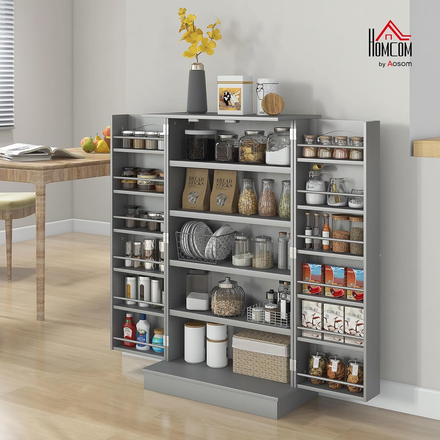 HOMCOM 41 Kitchen Pantry Storage Cabinet, Freestanding Kitchen Cabinet with 12 Door Shelves, Double Doors, 5-Tier Shelving and Adjustable Shelves, Gray