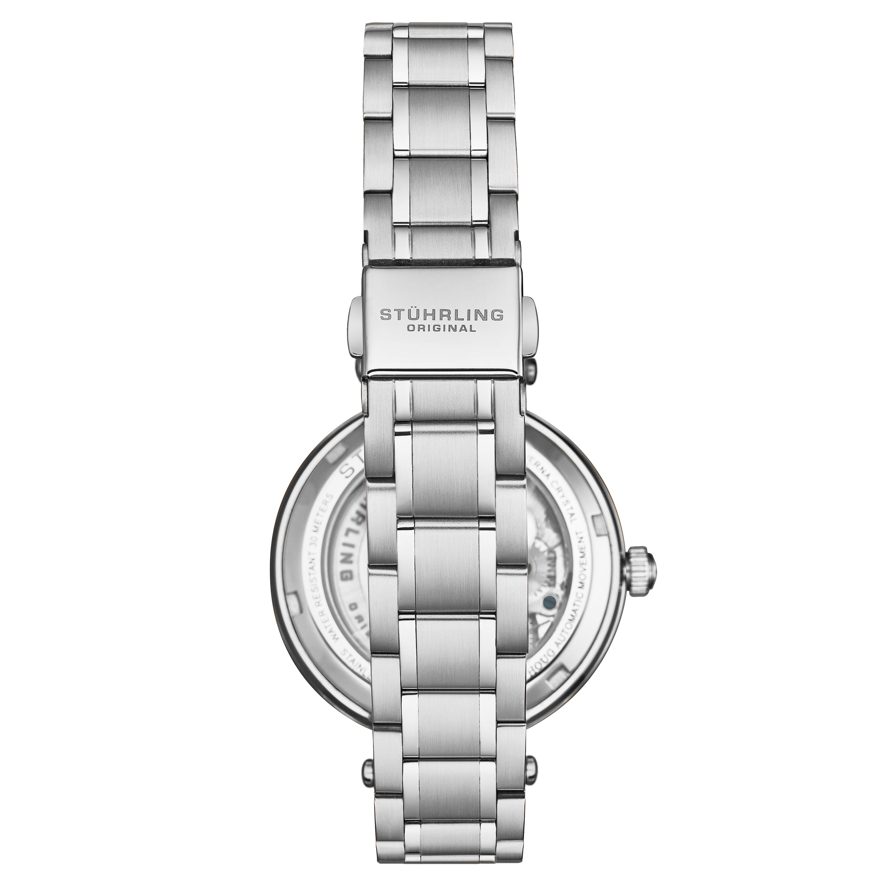 STÜHRLING Original Stuhrling Automatic Skeleton Dial Watch with Crystal Studded Bezel and Stainless Steel Link Bracelet 36mm Case, 3 ATM Water Resistant