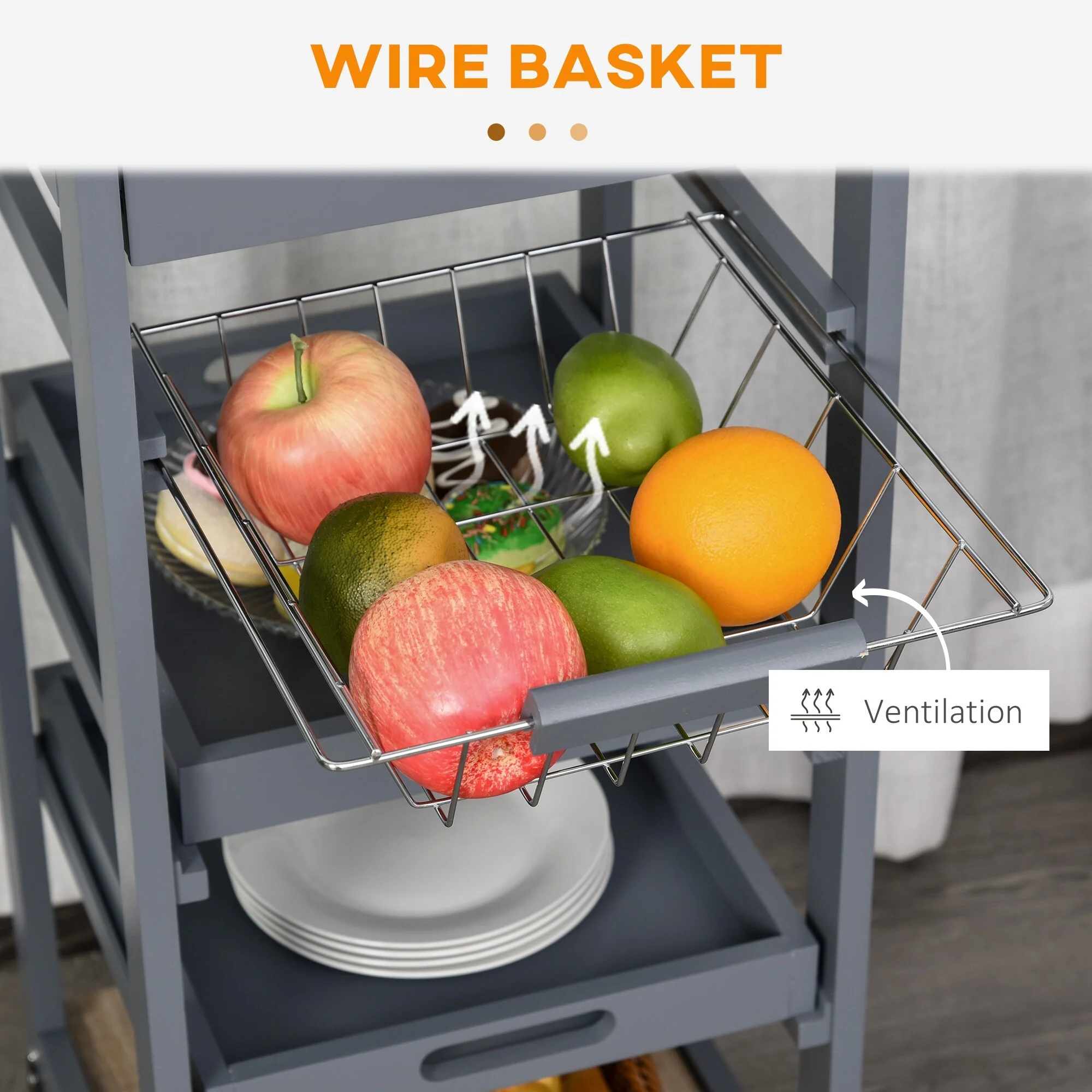 Mobile Kitchen Cart, Rolling Kitchen Island with Storage, Solid Wood Frame Utility Cart with Wire Fruit Baskets, Trays & Drawer