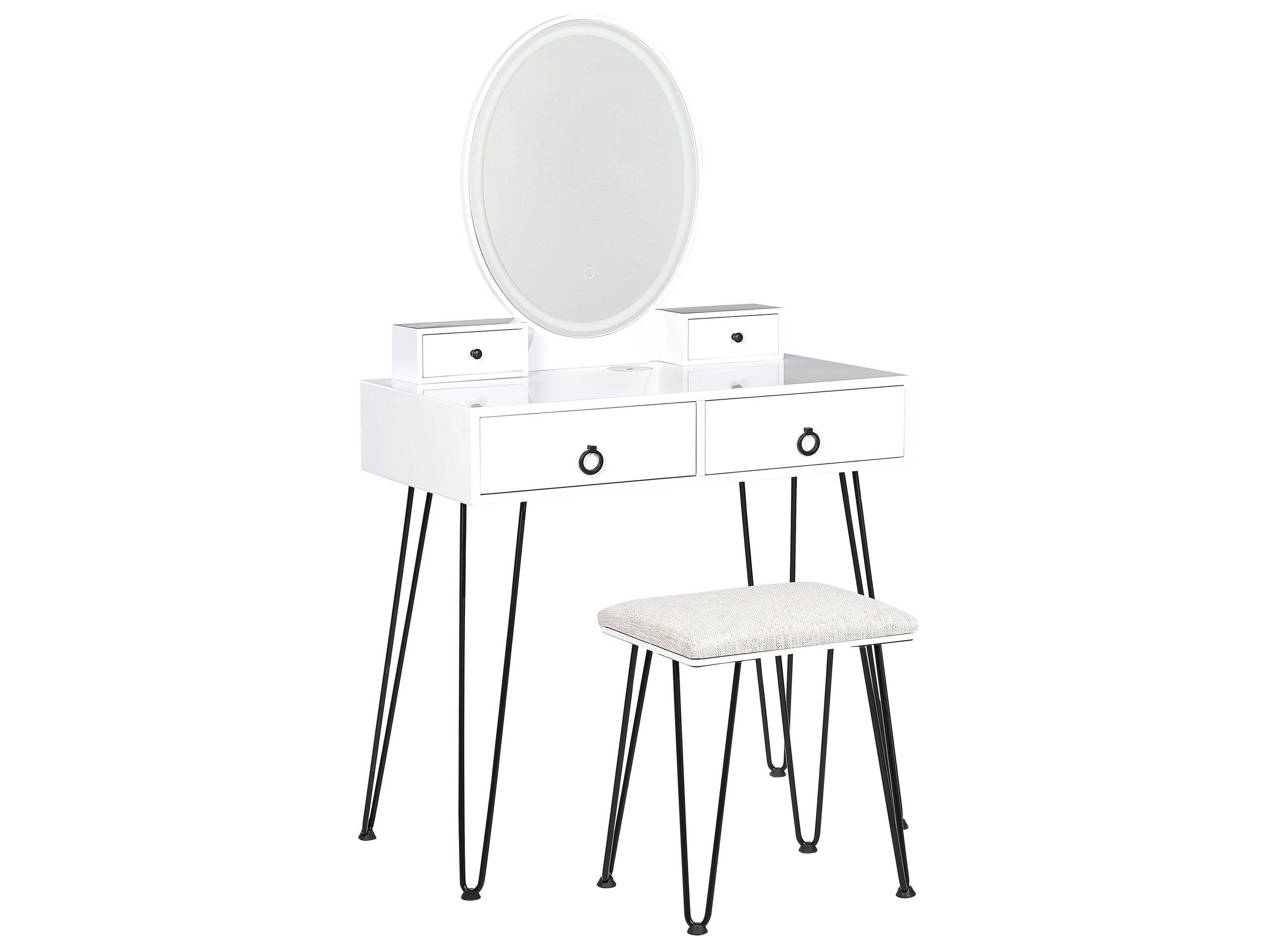 SOYE - Coiffeuse blanc et noir avec miroir à LED et tabouret