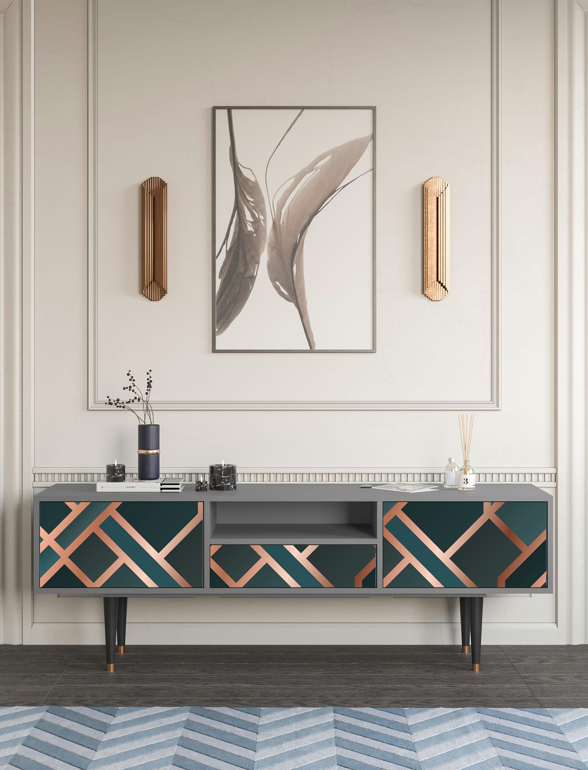 BRONZE CROSSROAD - Meuble TV  bleu-vert 1 tiroir et 2 portes L 170 cm