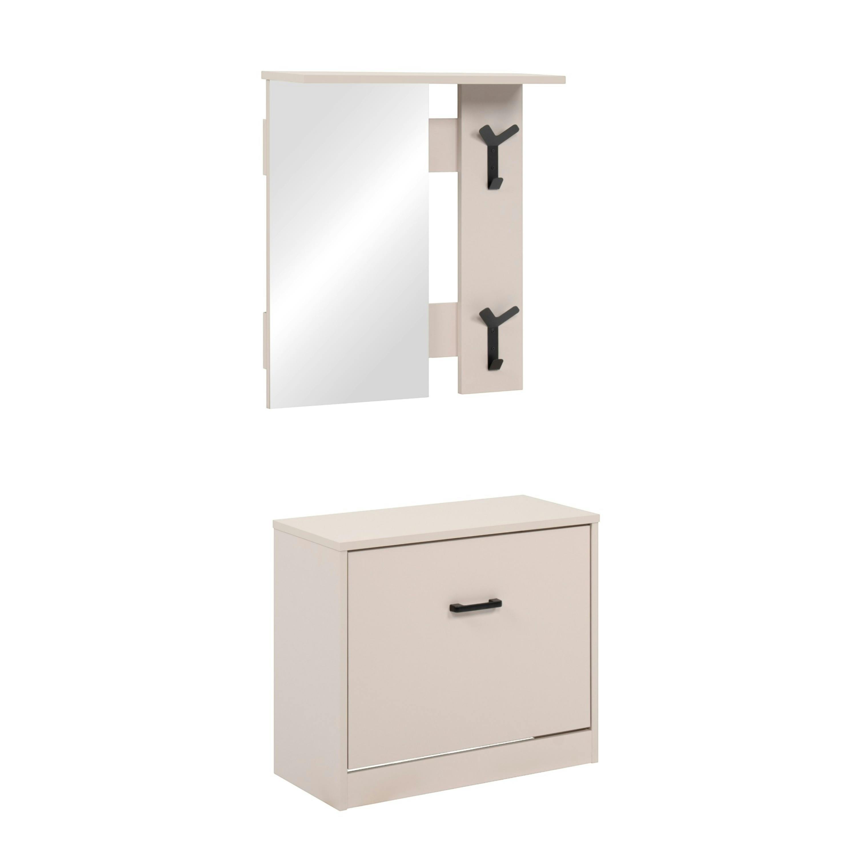 Vestiaire d'entrée beige avec meuble à chaussures et miroir ALVA