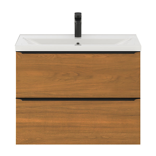 Meuble vasque suspendu faible profondeur effet noyer l.80 cm Imandra   plan vasque blanc céramique Nira, GoodHome