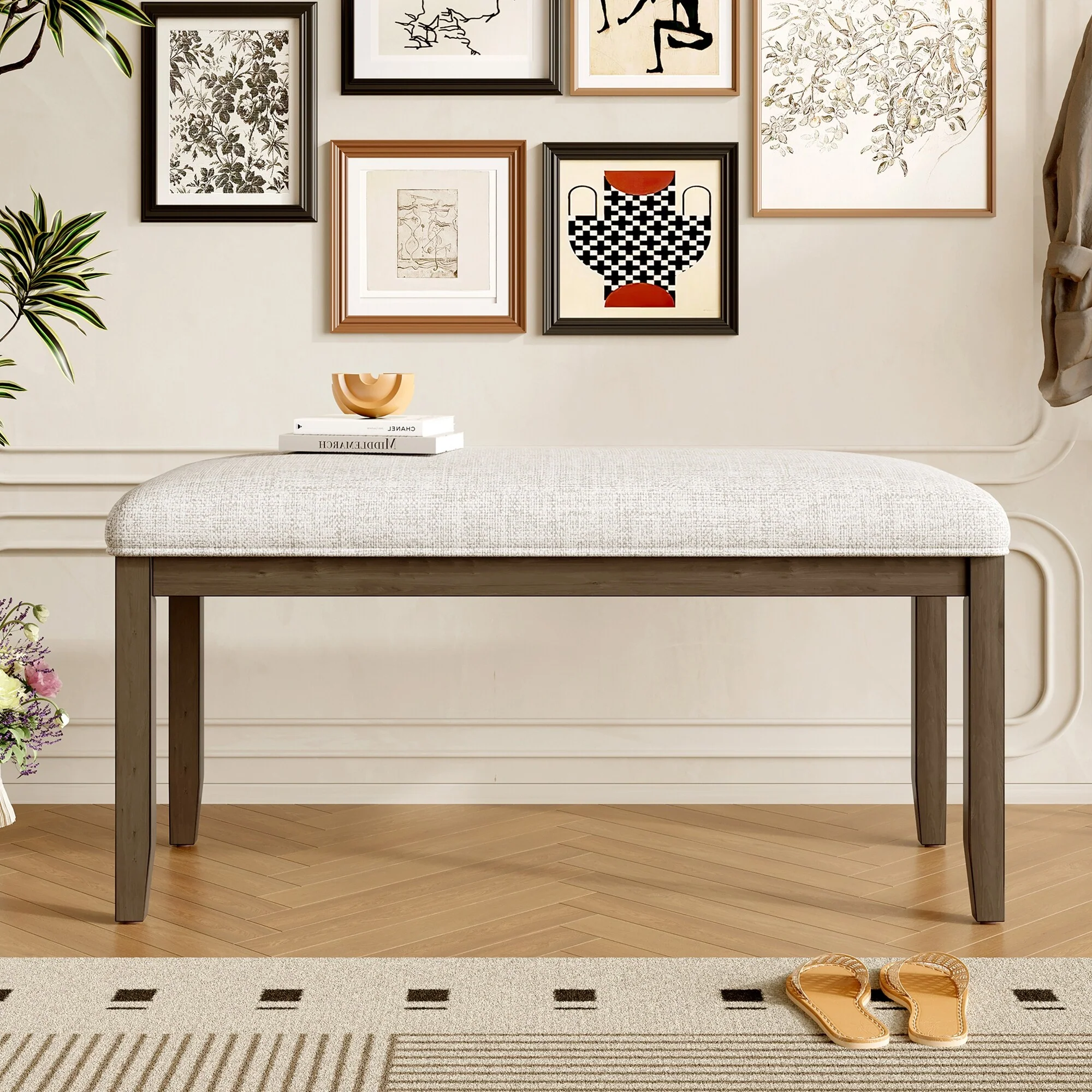 Upholstered Bench,38-inch Entryway Bench for Living Room,Dining Bench with Padded Seat and Solid Wood Leg