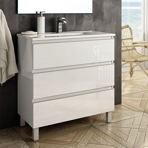 Ensemble meuble de salle de bain 60cm simple vasque   colonne de rangement PALMA - blanc
