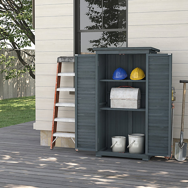 Armoire de jardin abri jardin sur pied 2 étagères portes persiennes toit bitumé étanche bois sapin pré-huilé gris