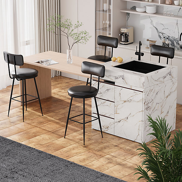 Lot de 2 chaises de bar modernes en similicuir noir, design minimaliste avec dossier, cadre métallique robuste, faciles à nettoyer