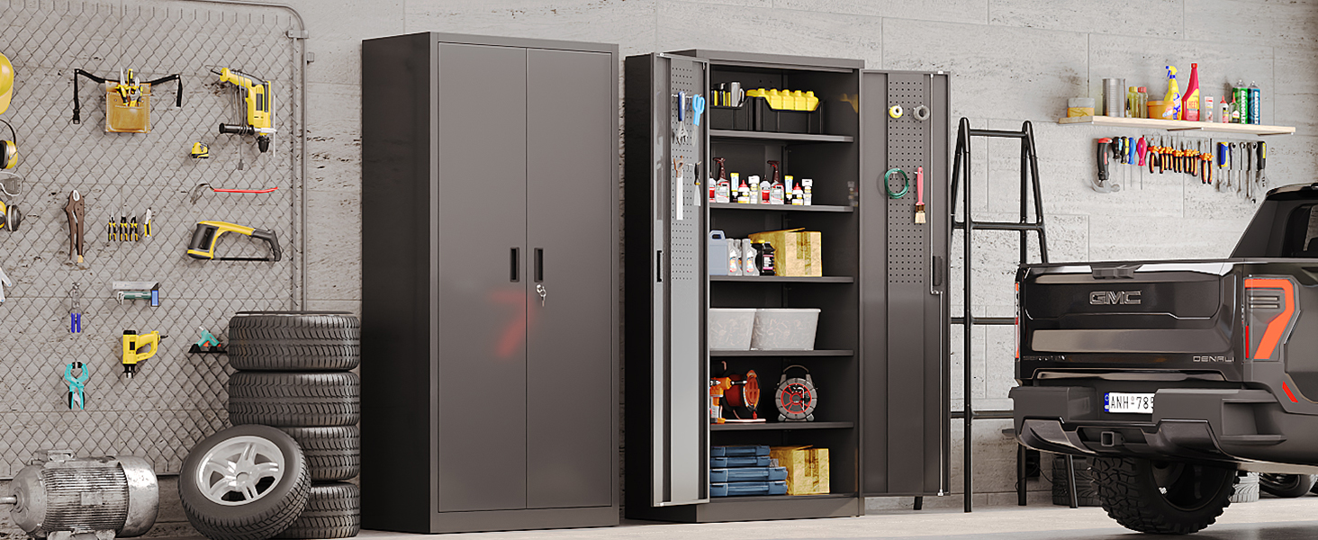 Metal Storage Cabinet with Pegboard 71'' x 34'' x 18''