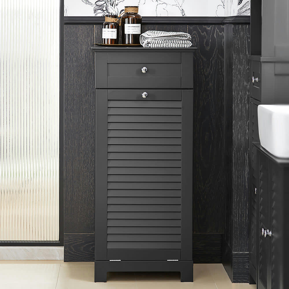 - Meuble bas de salle de bain effet bois gris 1 tiroir 1 panier à linge