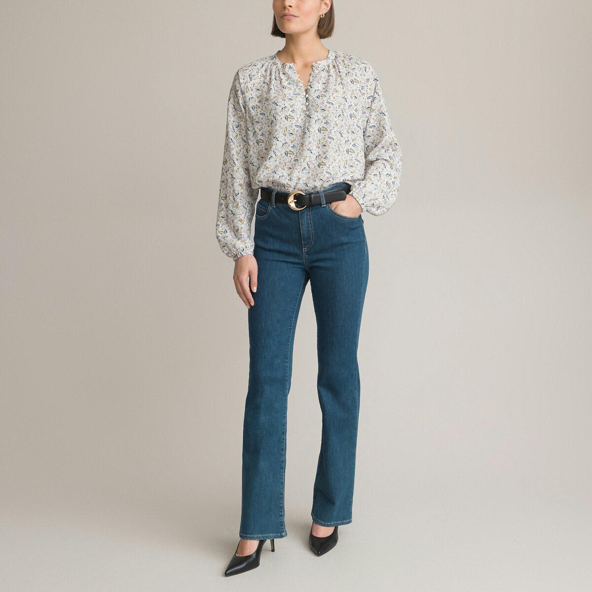 Blouse col rond, imprimé floral, manches longues