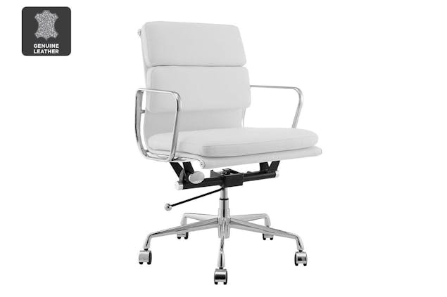 NNEKG Replica Eames Group Standard Aluminium Padded Low Back Office Chair (White Leather)