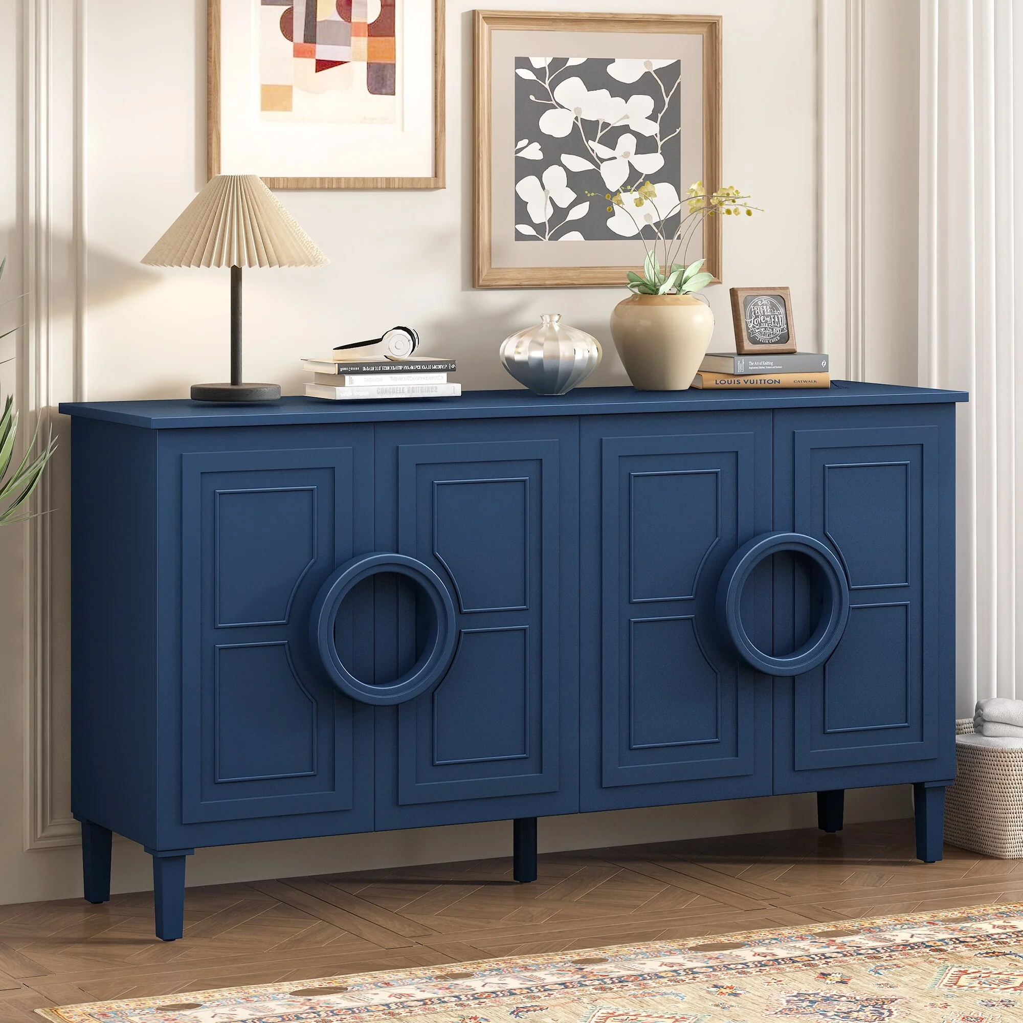 4 Door Entryway Cabinets Buffet Cabinet with 5 Conical Rubber Wood Leg, Storage Cabinet Sideboard with Round Ring Handle
