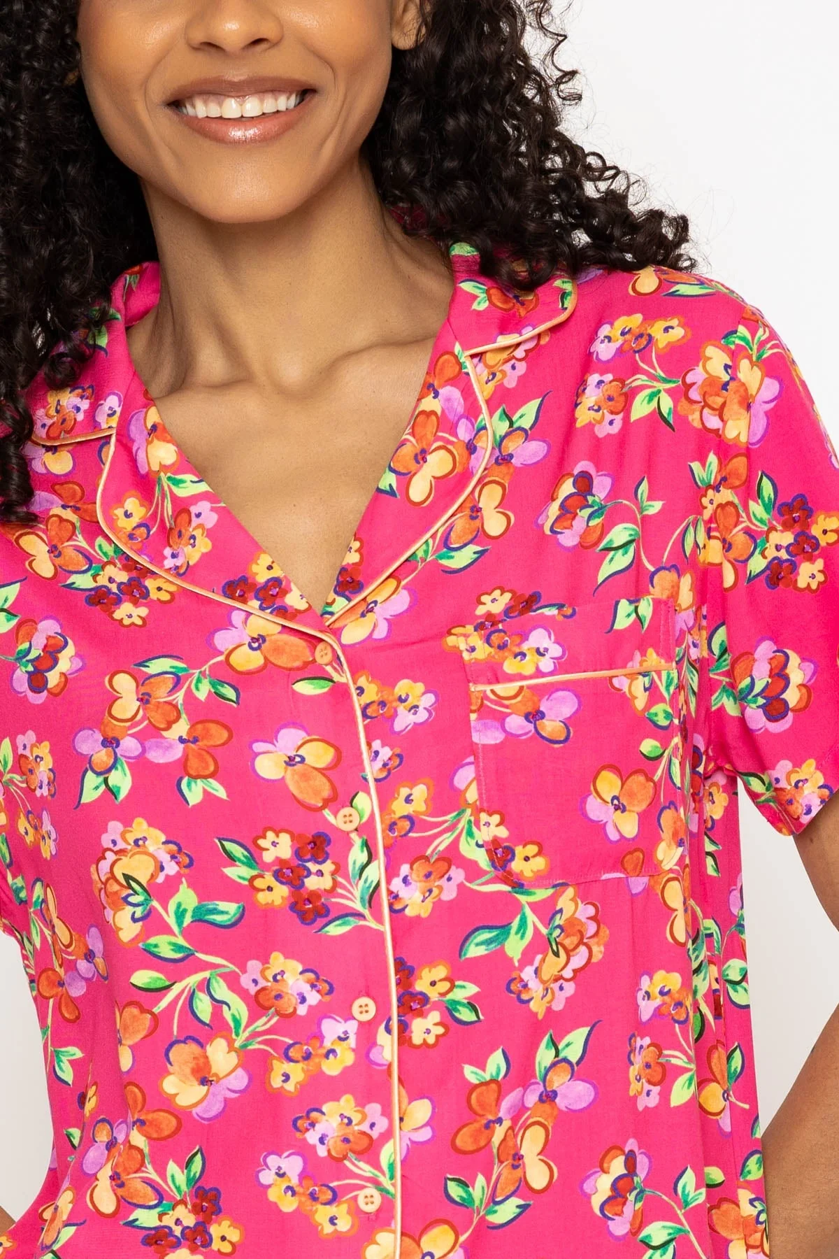 Pink Floral Printed 3/4 Leg Pyjama Set