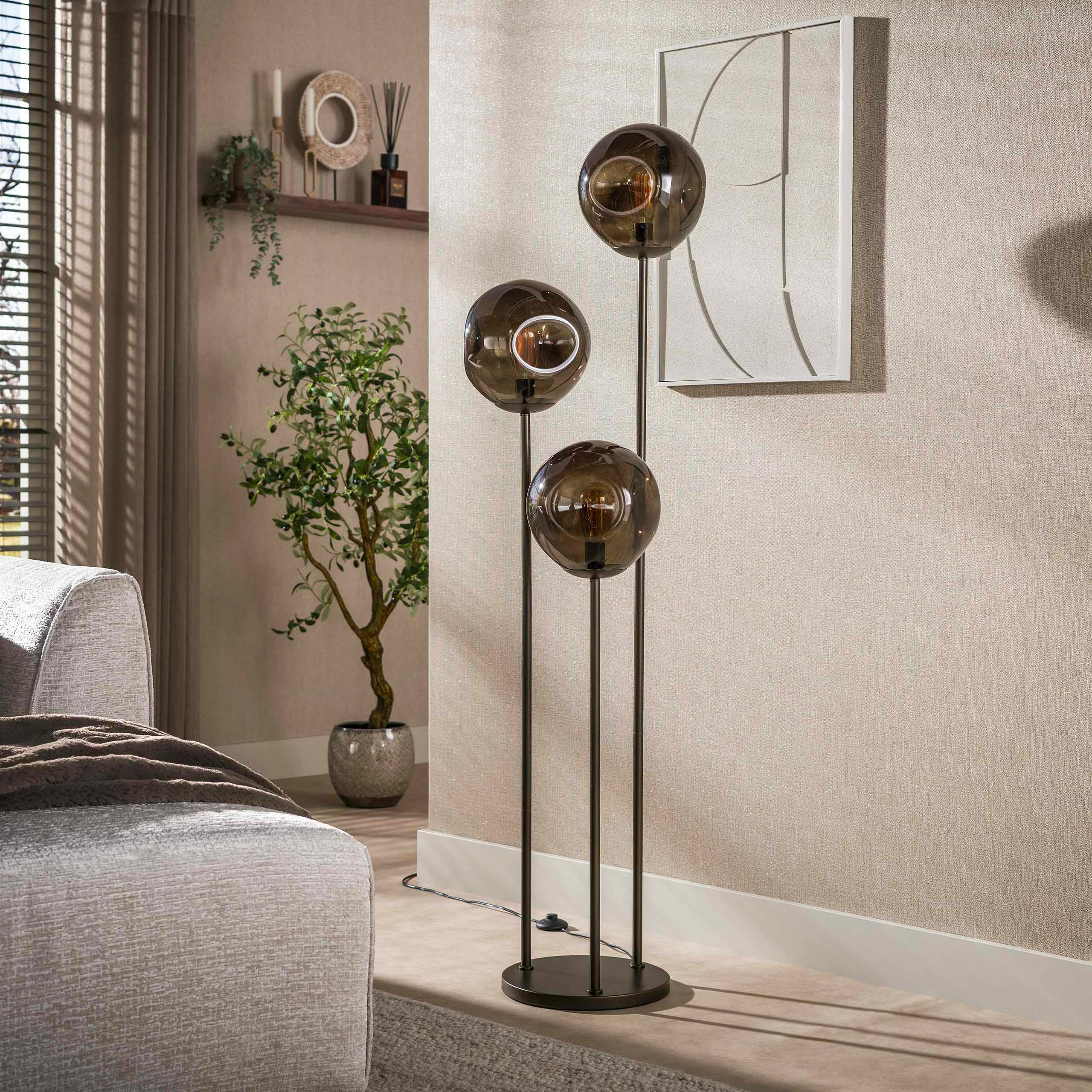 Lampadaire vintage verre brun 3 globes sur tige bronze NIAGARA