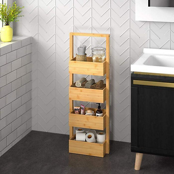 Etagere de Rangement Bambou - 4 Compartiments - Meuble Moderne - Salle de Bain Cuisine Couloir