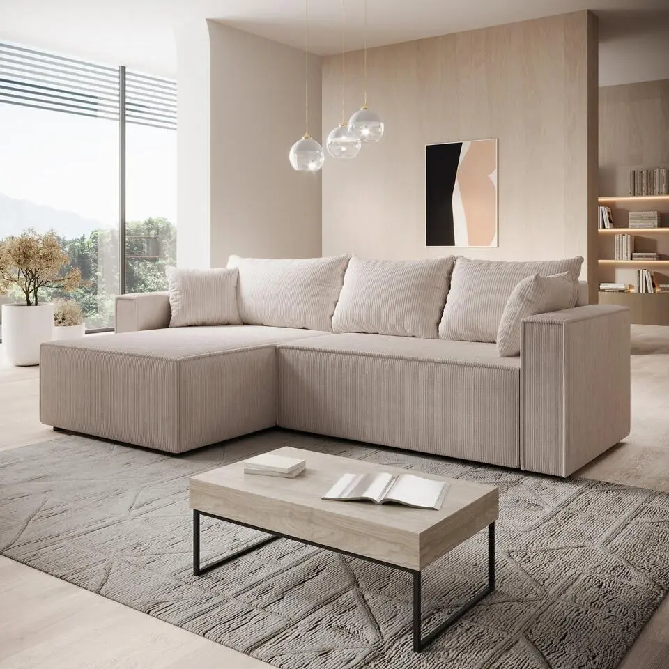 Meubella - Hoekbank Lawrence - Beige - Ribstof - Links