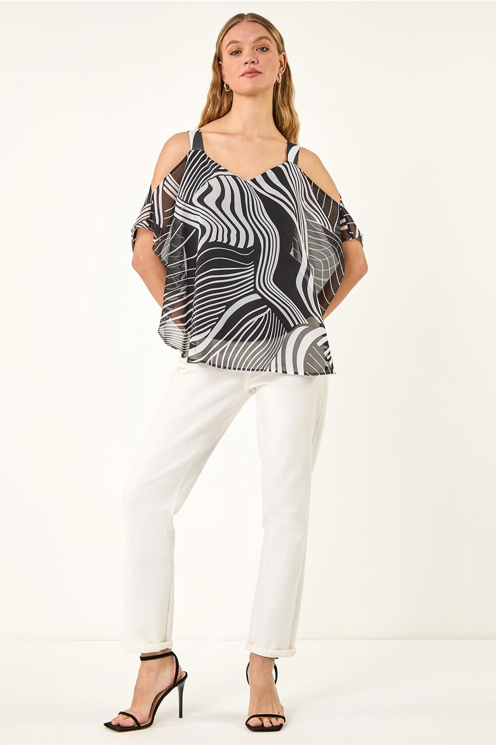Roman Mono Print Cold Shoulder Top