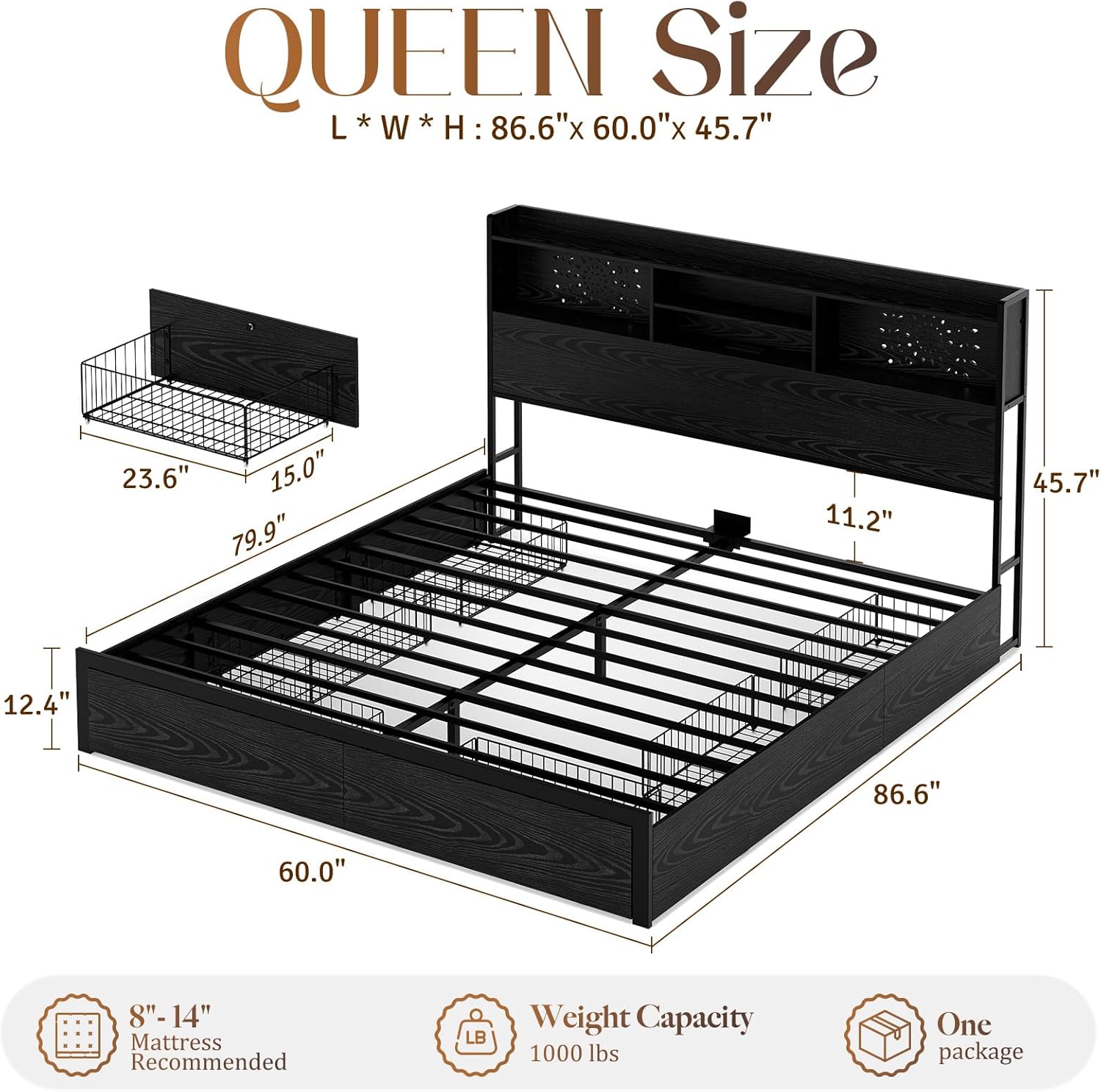 Belffin Queen Size Bed Frame with 6 Storage Drawers and Carving Headboard, Wooden Bed Frame with Charging Station and LED Lights, No Noise and Easy Assembly, No Box Spring Needed, Vintage Black