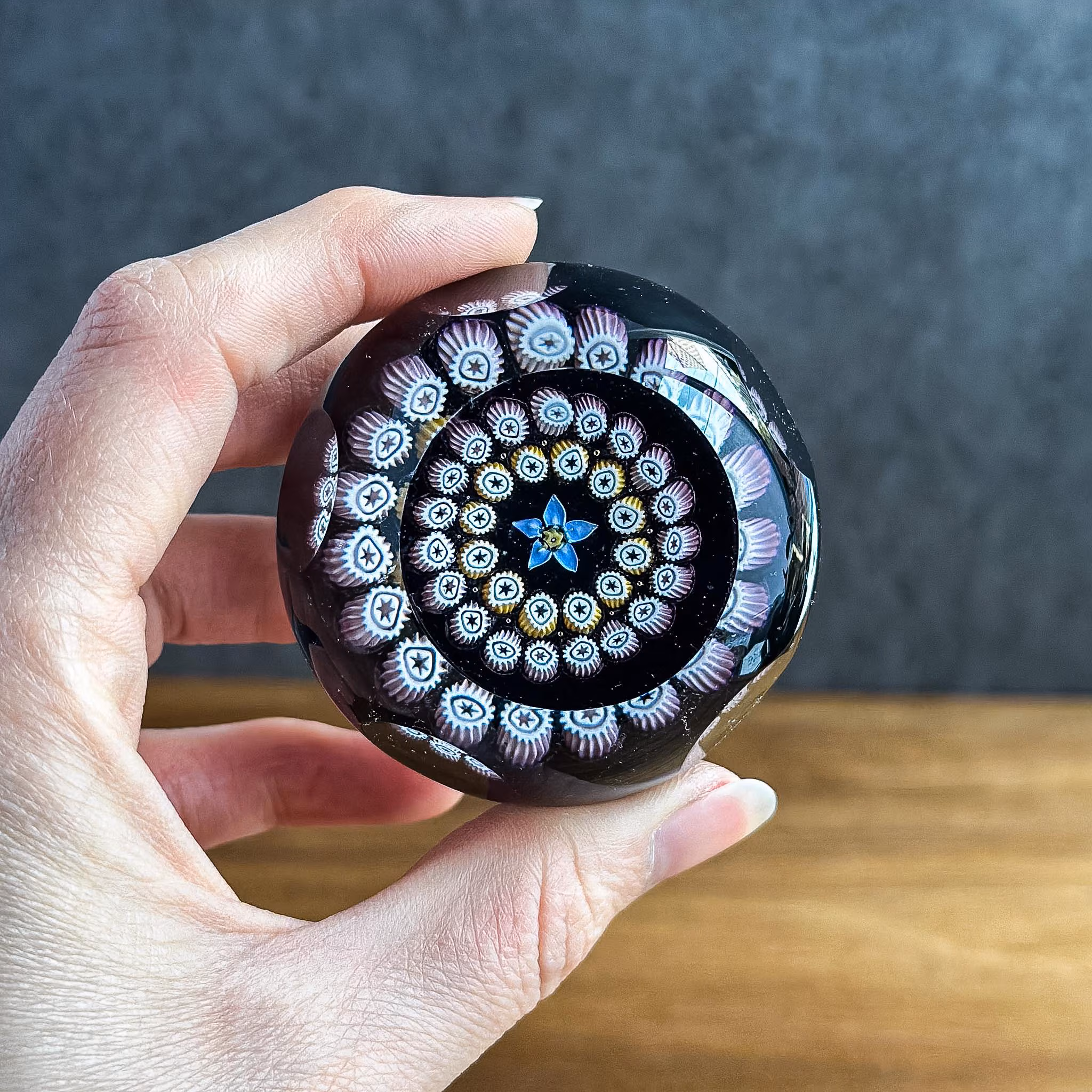 Vintage Caithness Glass Paperweight Miniature, Forget Me Not Millefiori Flower, Scotland Collectible Art Glass Decor