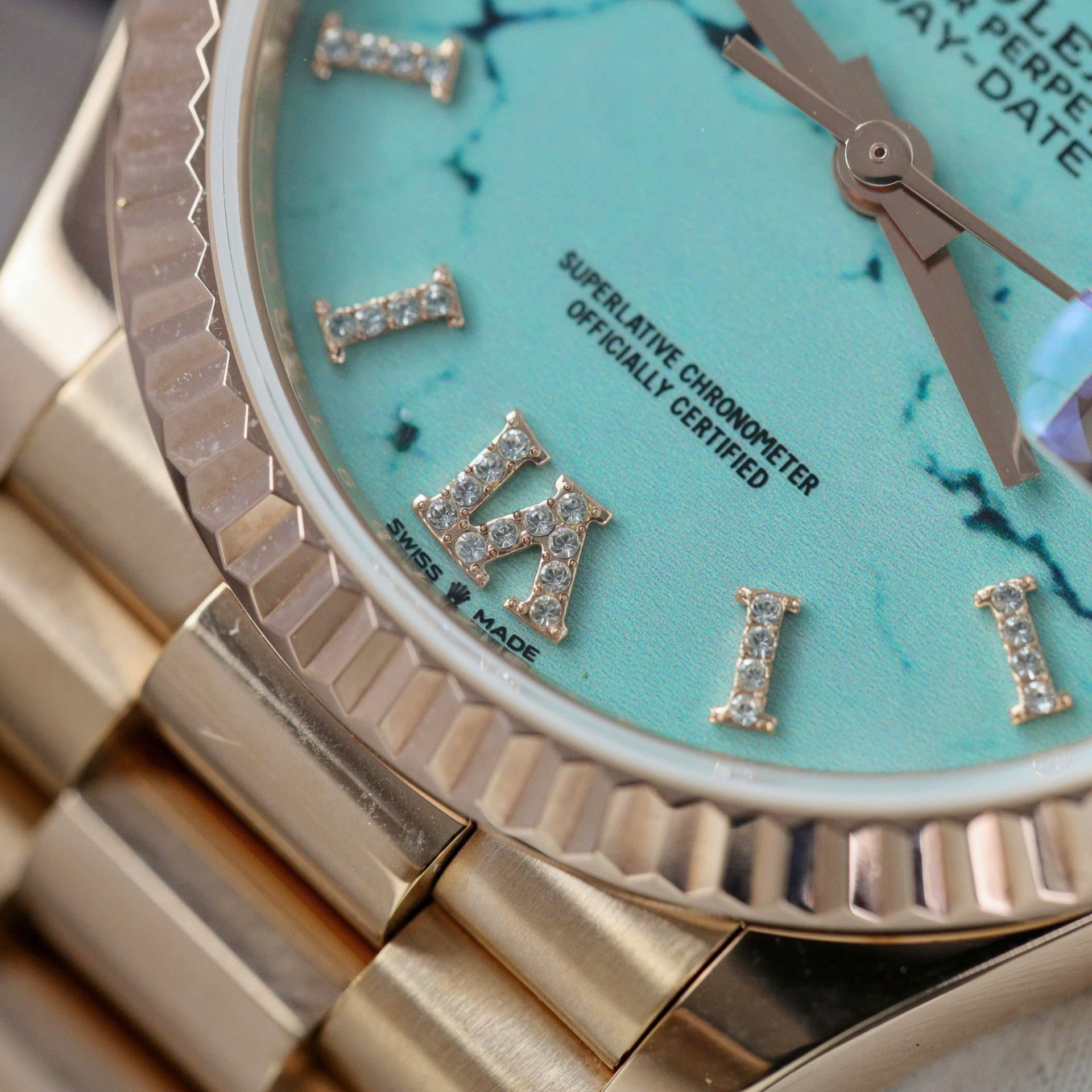 Rolex Day-Date 128238 RG Plated Turquoise Blue Dial CZ Diamonds 36mm Super Clone