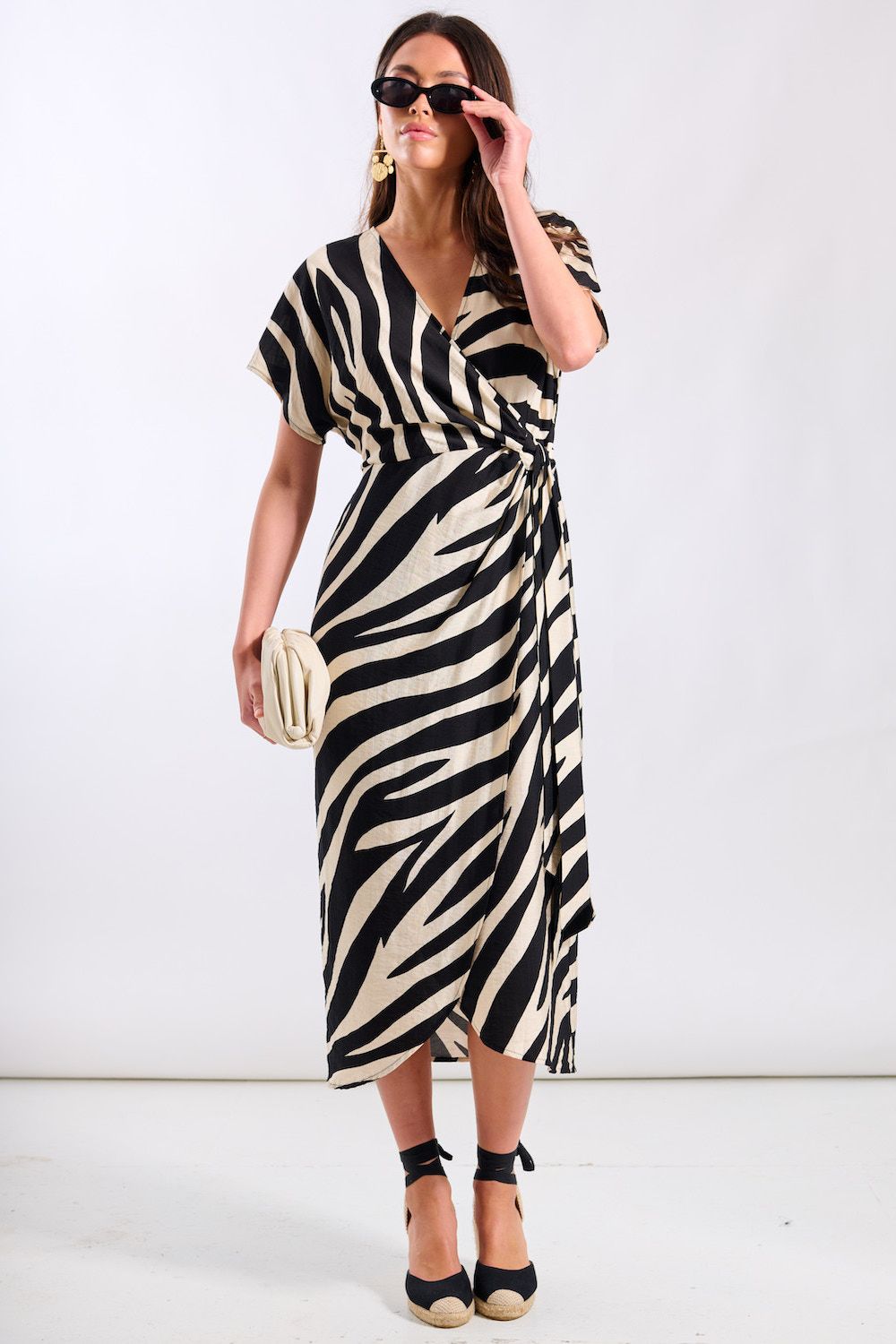 Needs No Label Cream Animal Viscose Wrap Midi Dress