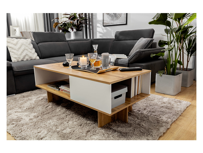 Ława Zele 120x60 z półką dąb wotan/biały połysk