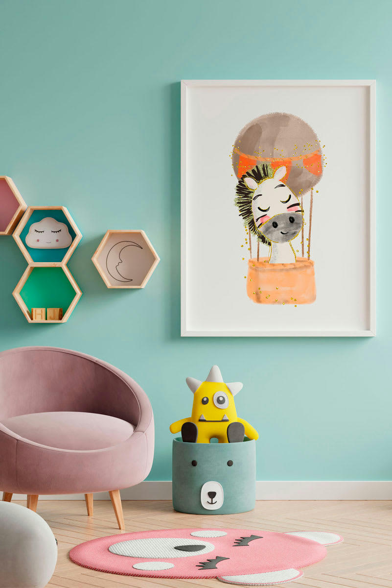 DECOWALL - Impression de zèbre ballon encadrée en bois blanc 43X33 cm