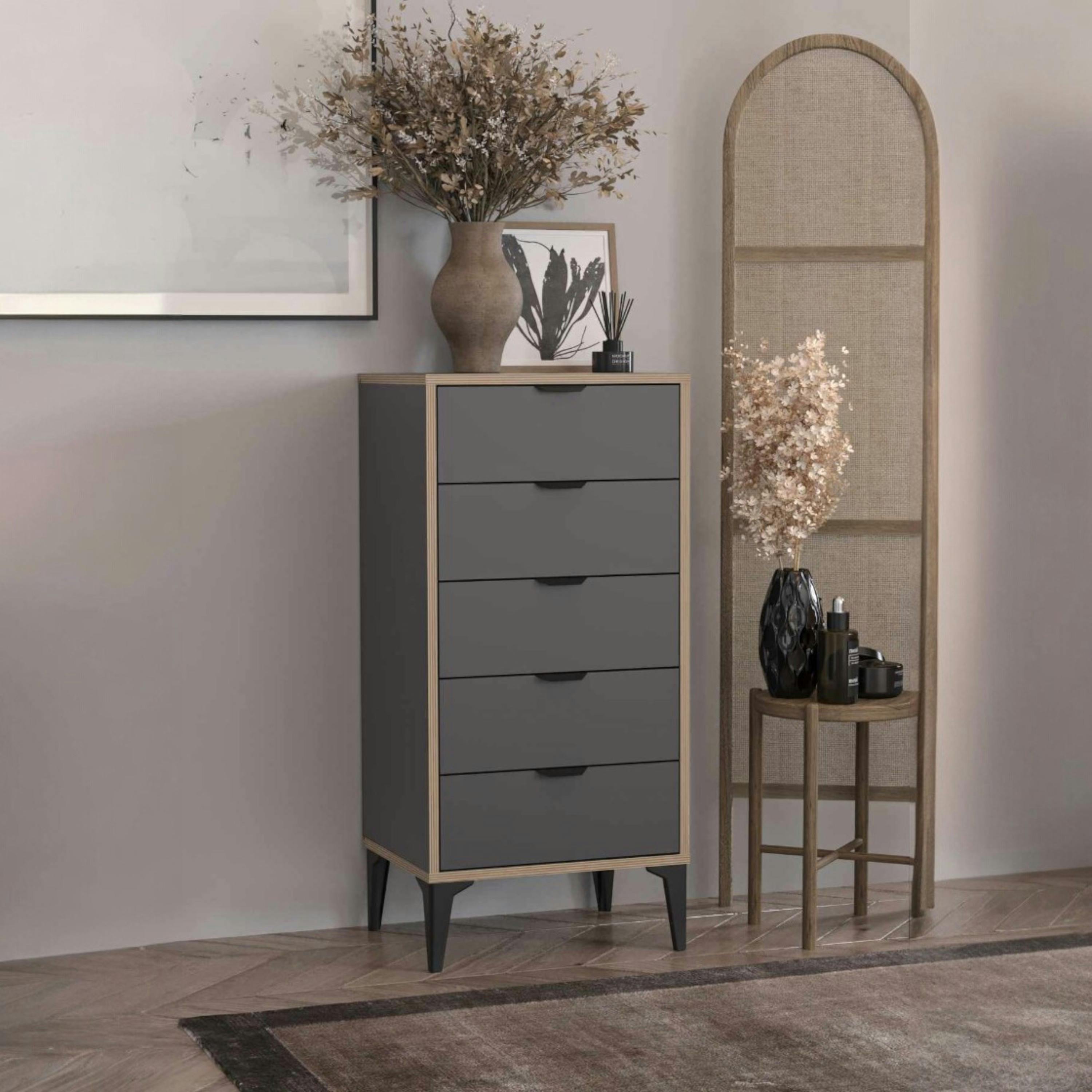 Commode étroite gris foncé 5 tiroirs BYRON