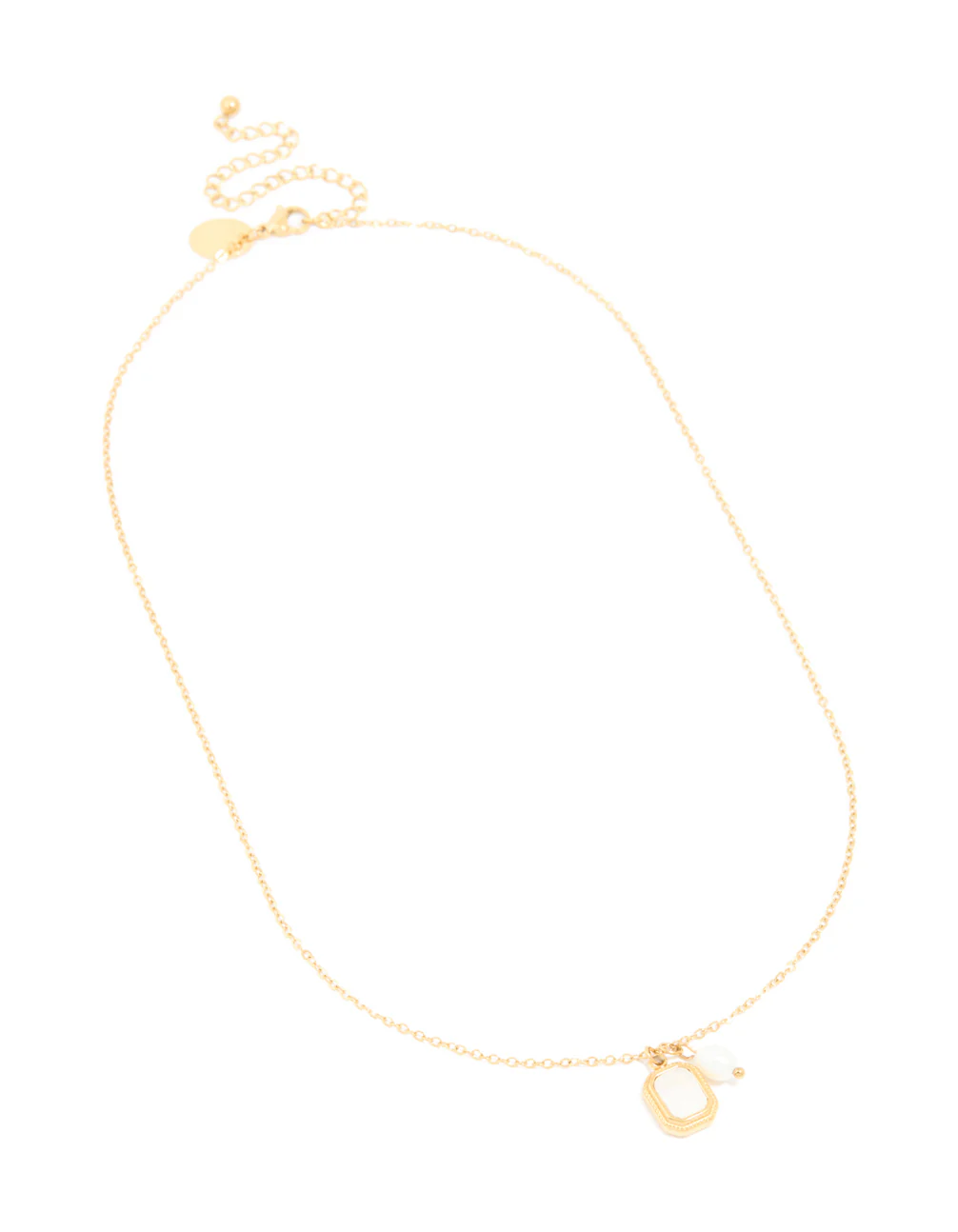 Waterproof Gold Plated Stainless Steel Pearl & Square Pendant Necklace Set