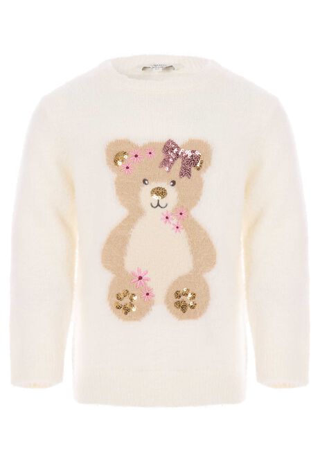 Younger Girls Cream Sequin Bear Jumper