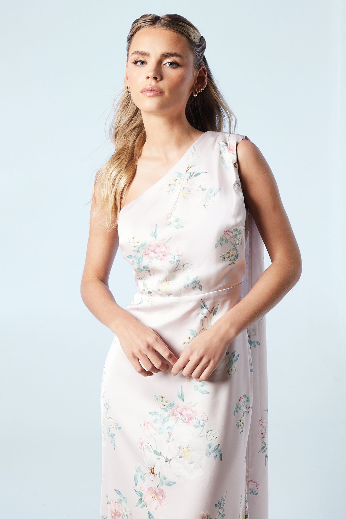 Coast Petite Spring Posy Printed Satin Drape Shoulder Bridesmaid Dress