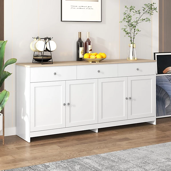 Buffet en Bois Blanc, Meuble de Rangement, Quatre Portes, Trois Tiroirs, étagère réglable, Cuisine,160X37X75CM