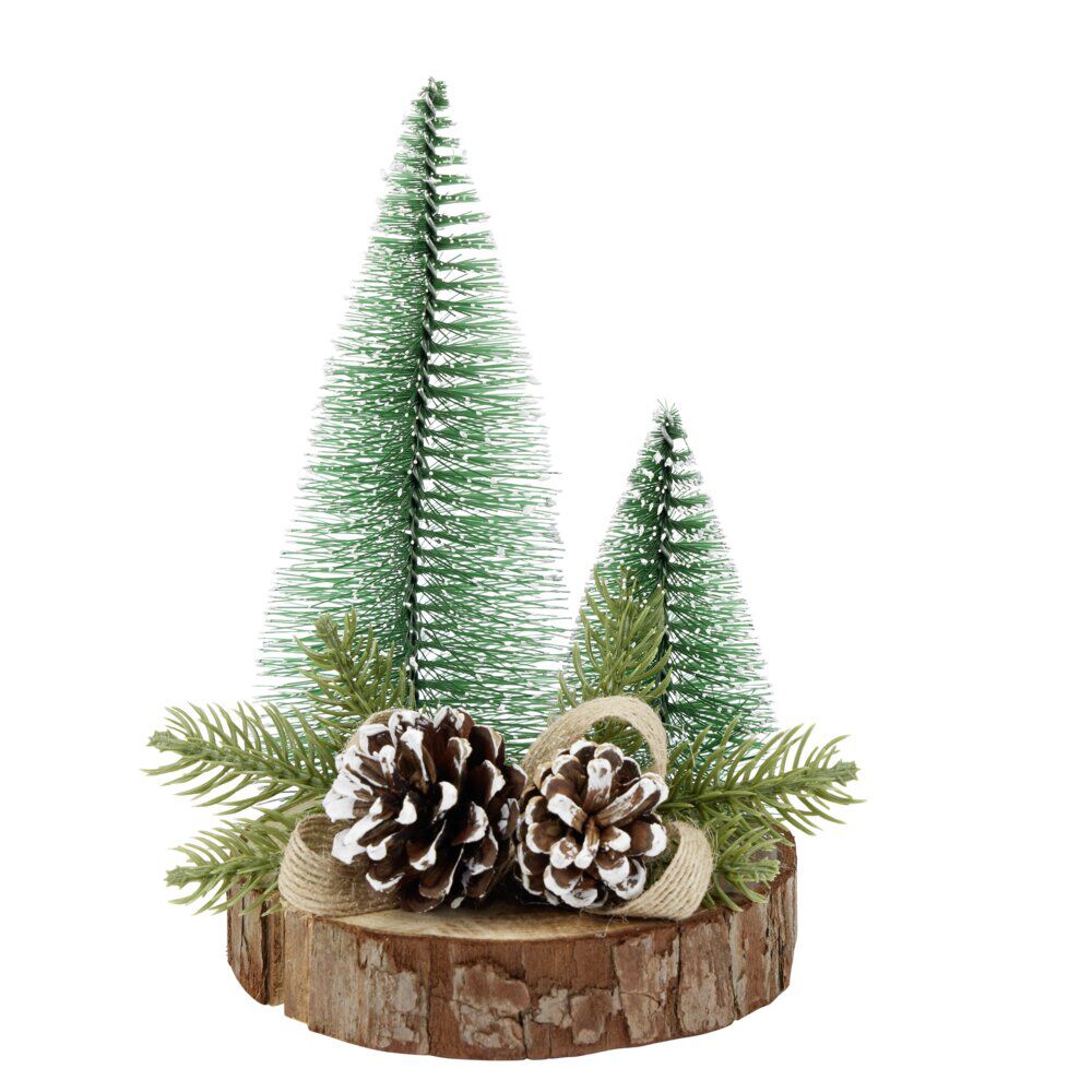 Décoration de No&euml;l à poser sapin sur rondin de bois Ø9xH15cm