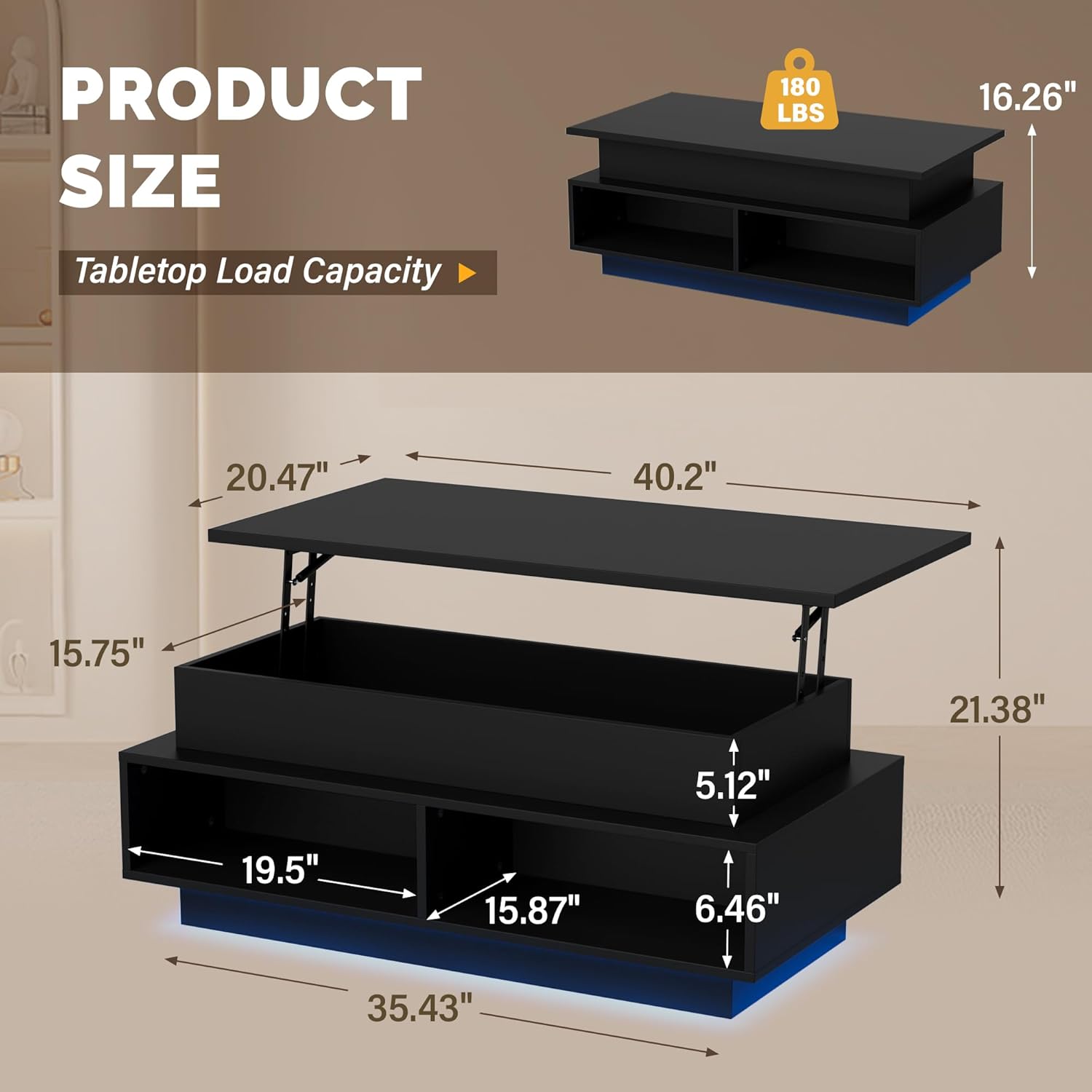 YESHOMY 40 Lift Top Coffee Table with Hidden Storage & Multi-Color LED Lights, Modern Square Wood Table with 4 Open Shelves for Living Room and Small Space, Black